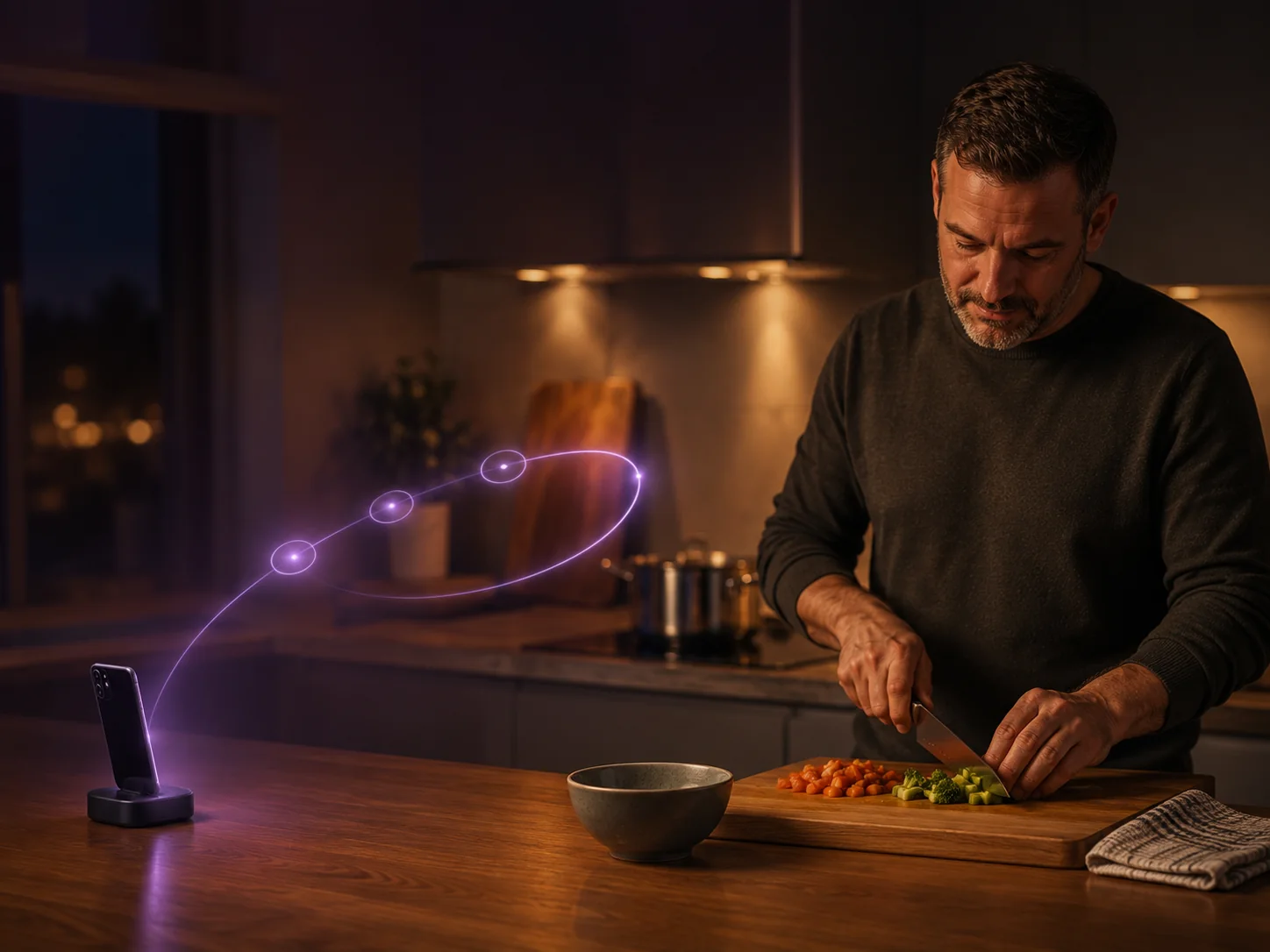 A man prepares dinner while Cocoon waits on hold on a nearby phone