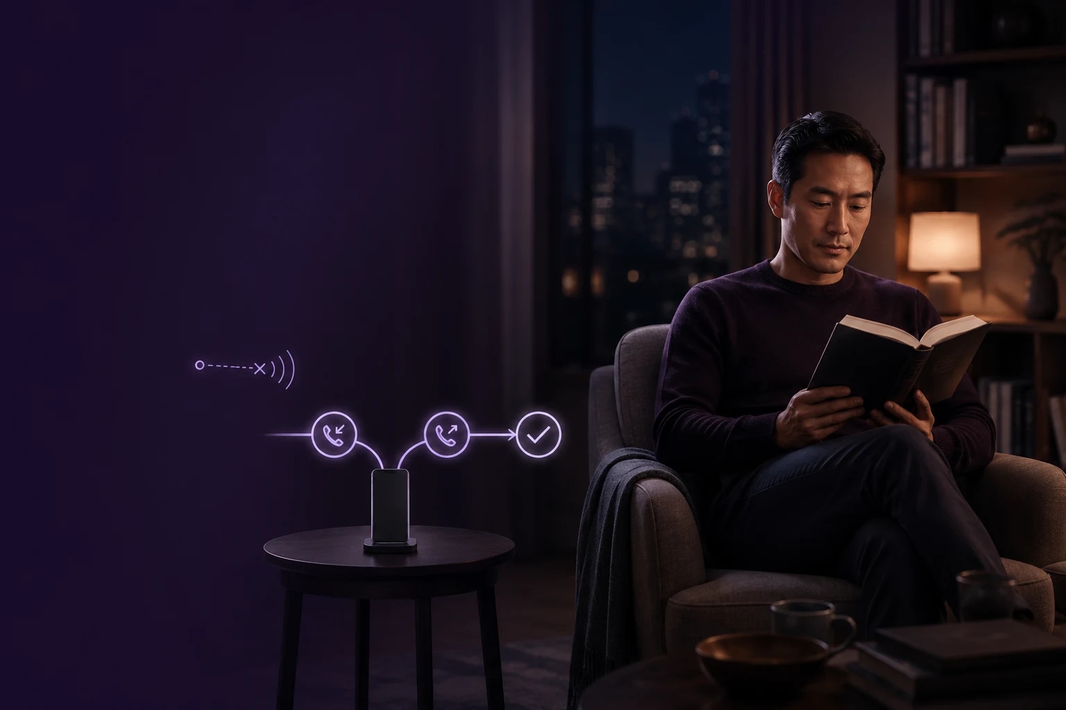 A man continues reading while Cocoon screens an incoming call, makes an approved follow-up call and returns a completed outcome