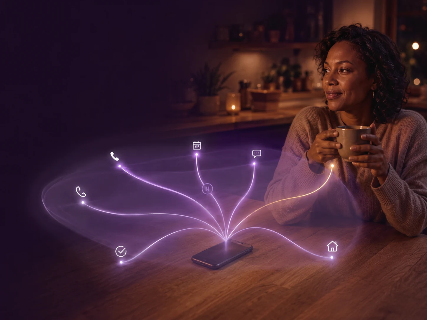 A woman beside her phone as several approved everyday interactions are handled within a calm Cocoon boundary