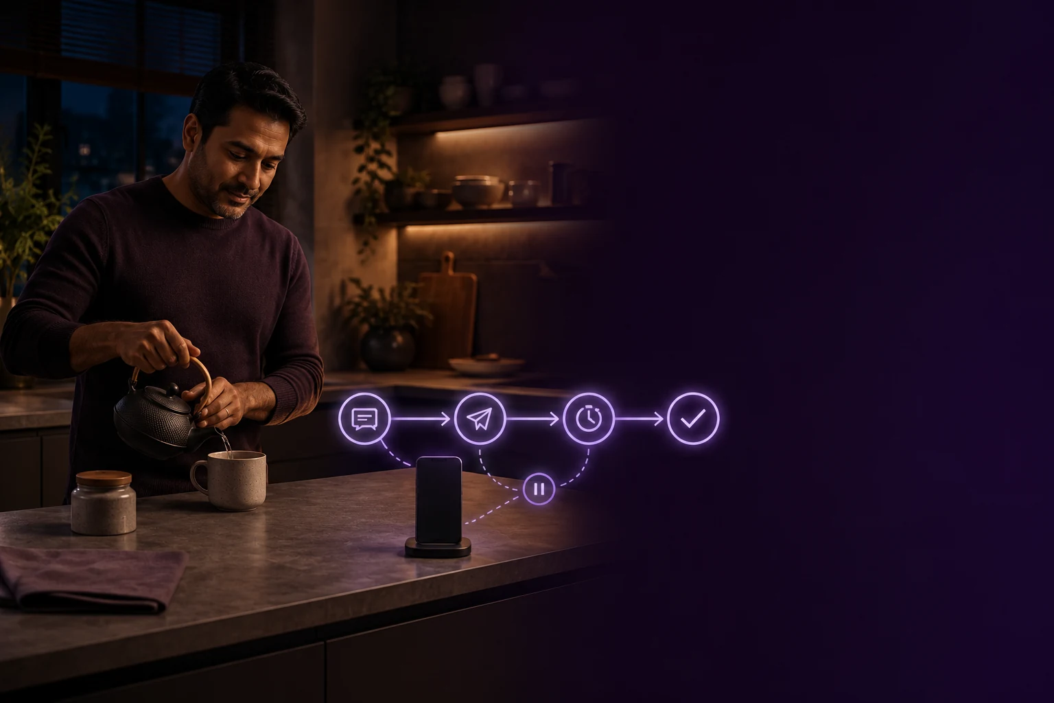 A man makes tea while Cocoon receives a message, responds, follows up and confirms completion