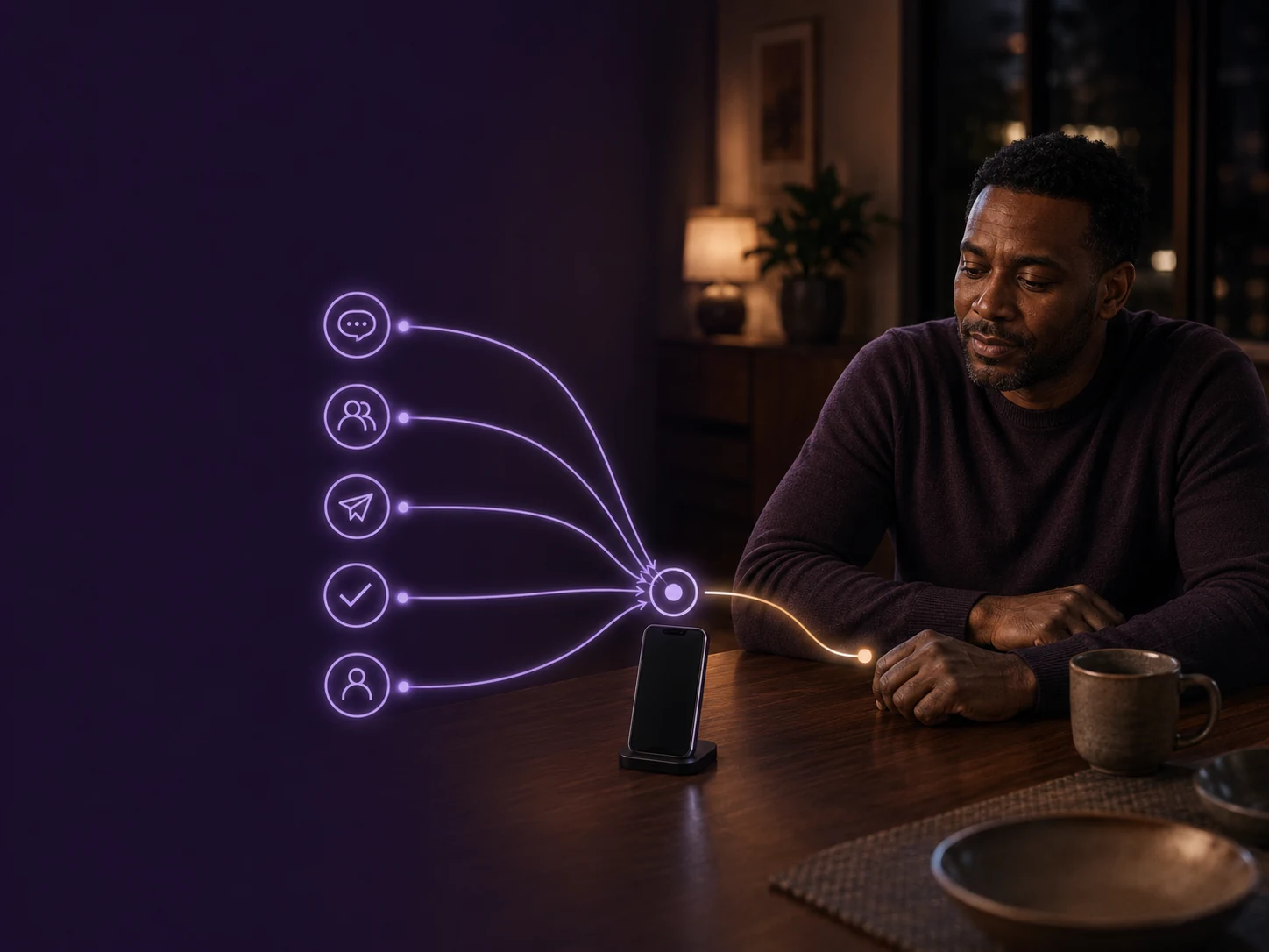 Five parts of an interaction converge into a clear outcome beside a user’s phone, with one remaining action returned to him