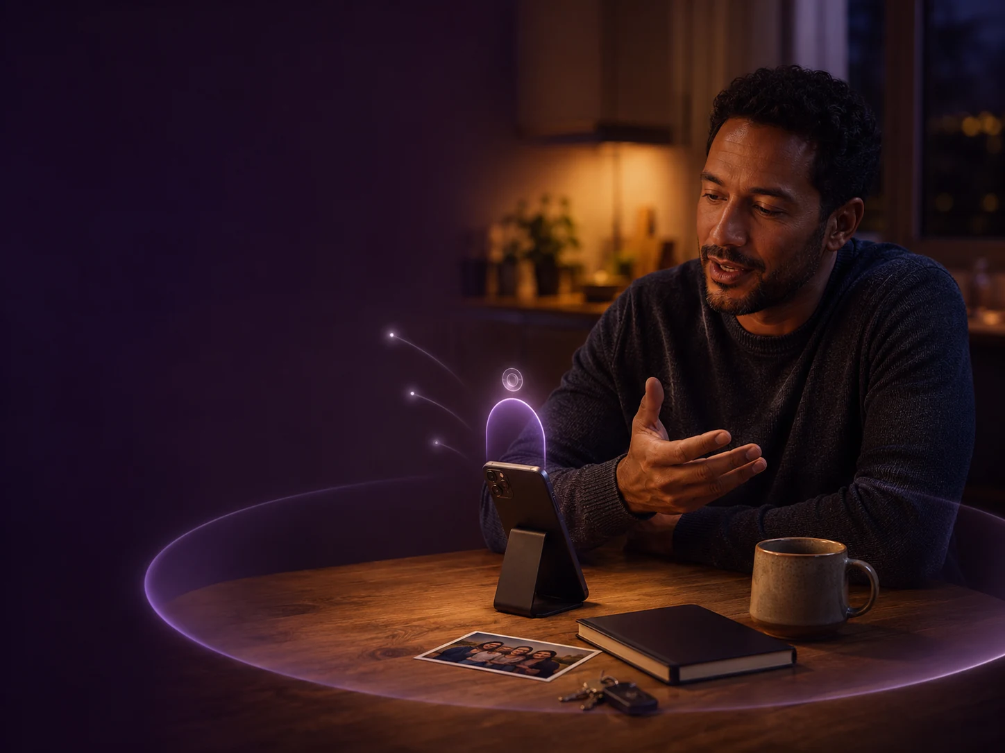 A man speaking naturally to his phone as Cocoon begins forming an understanding of his personal context.