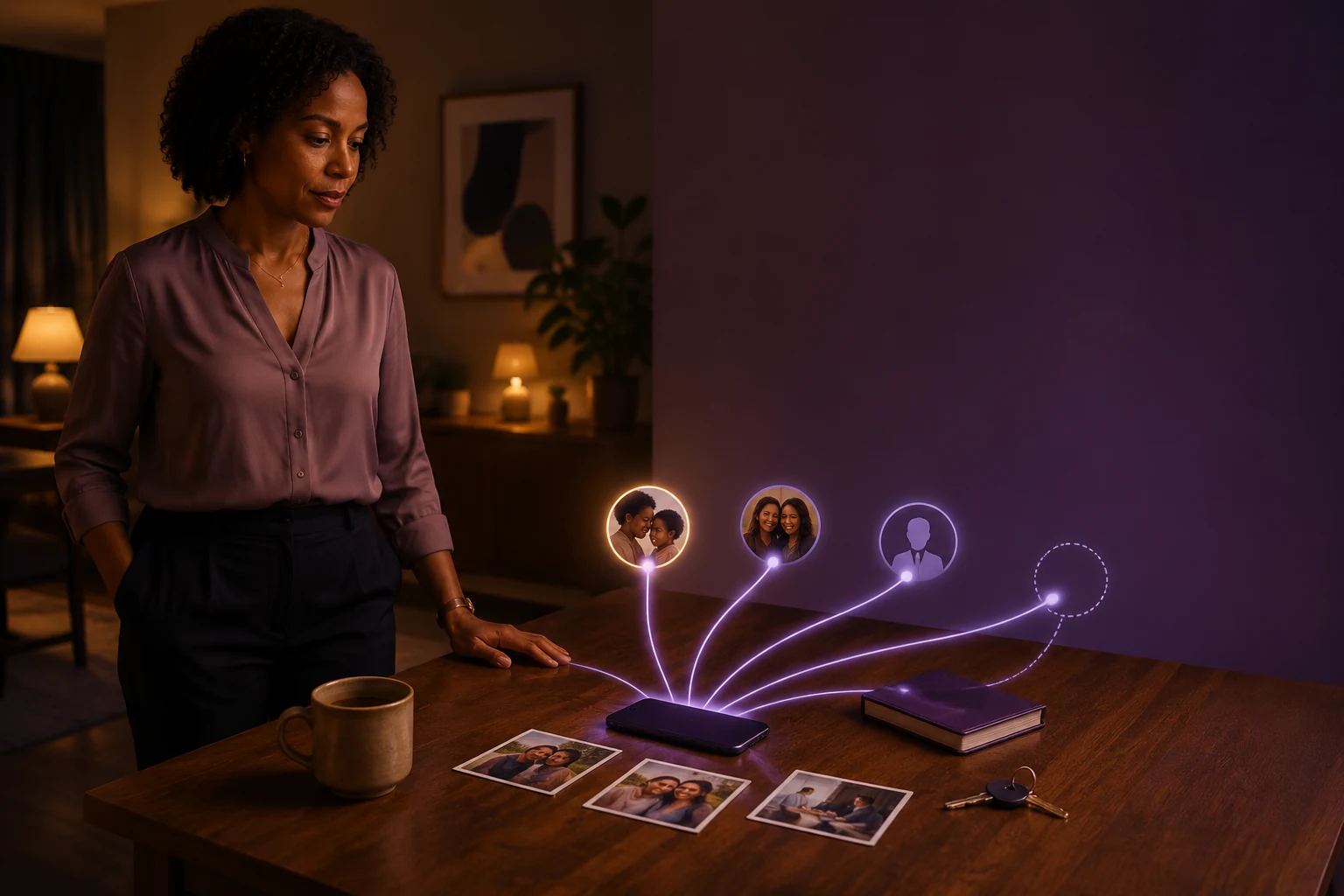 A woman reviewing relationship context connected to family, friends, work and an unknown contact.