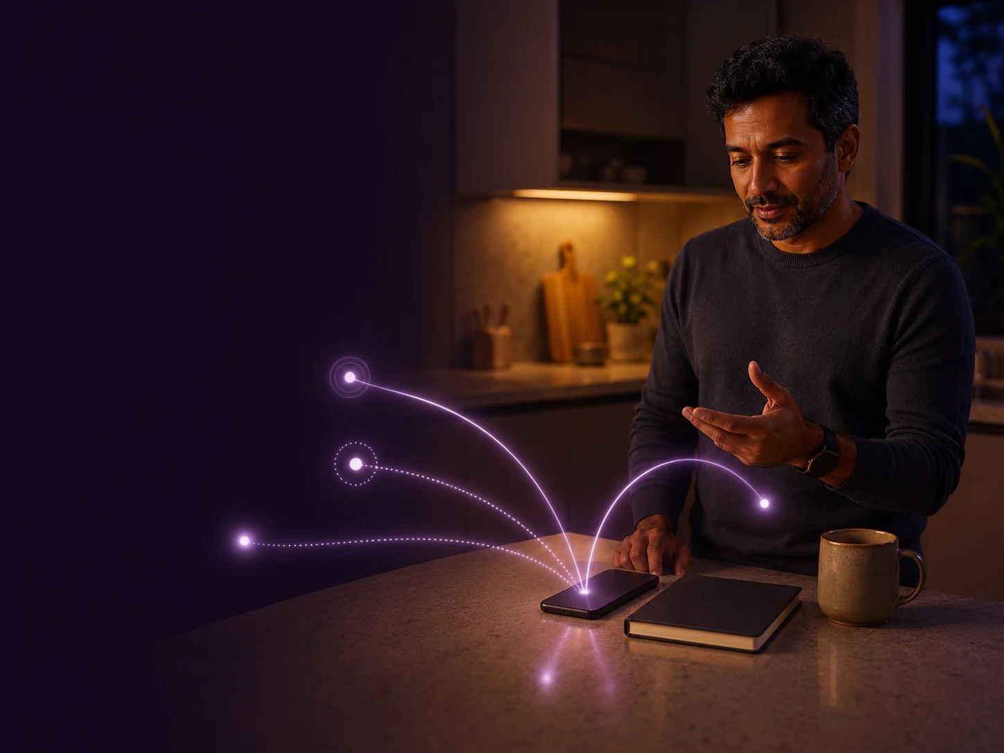 A man explaining preferences as different handling paths form around his phone.