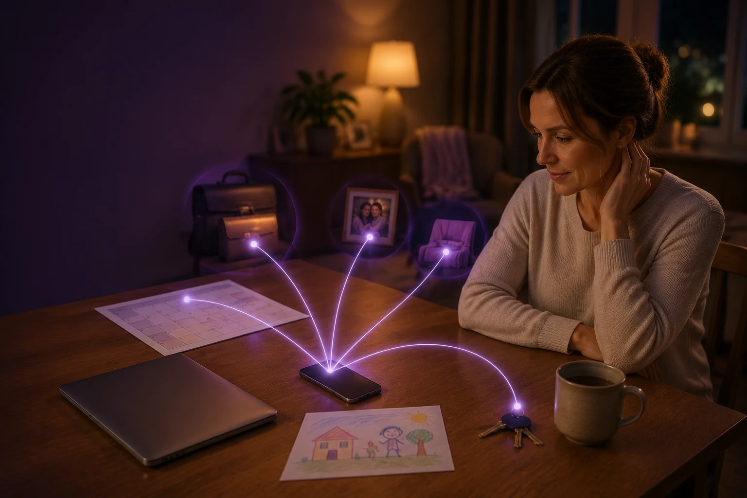 A woman considering calendar, family and work context connected to her phone.