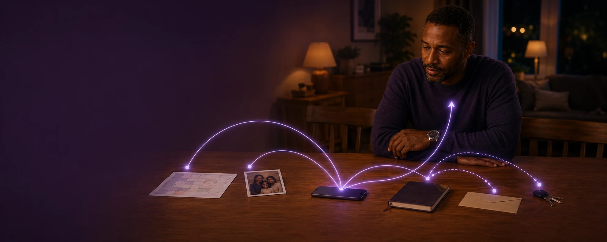 A man reviewing personal context connected to family, calendar, notebook, envelope and keys.