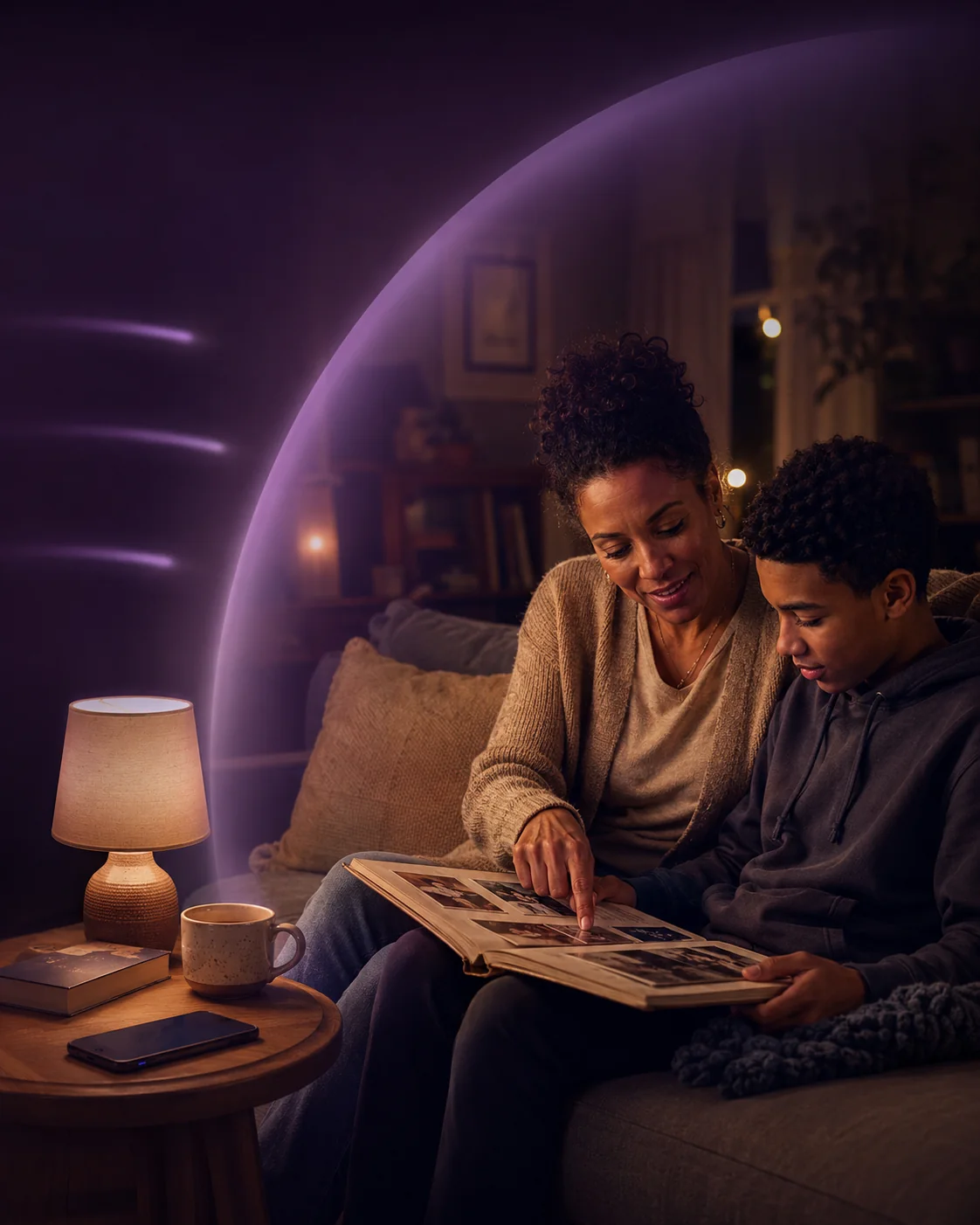 A mother and teenage son looking through a family photo album while Cocoon quietly protects their evening together
