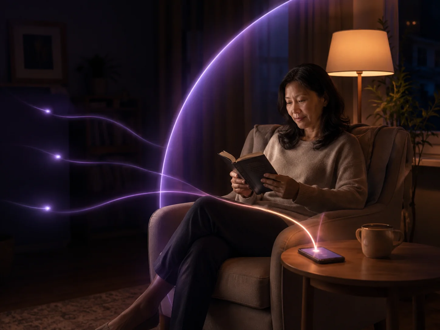 A woman reading peacefully while Cocoon filters routine interruptions around her