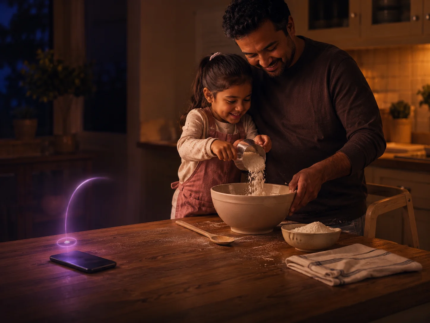 A father and daughter baking together while Cocoon handles an interruption quietly in the background