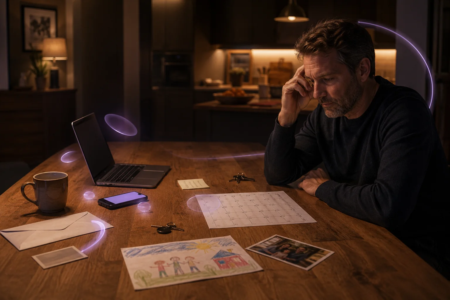 A man paused at a kitchen table as small everyday calls, appointments and household tasks compete for his attention