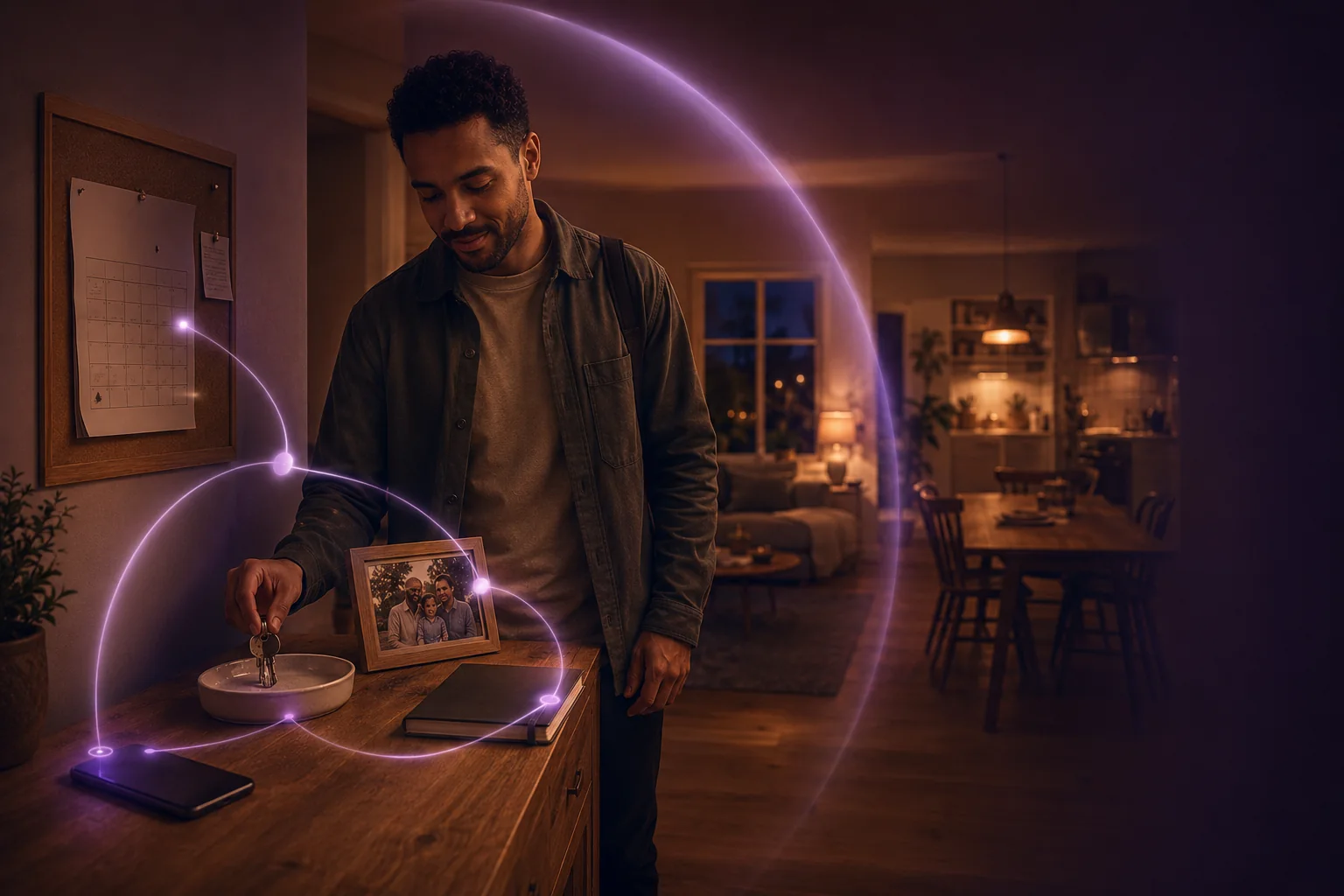 A man arriving home as Cocoon connects his calls, calendar, family and everyday routines