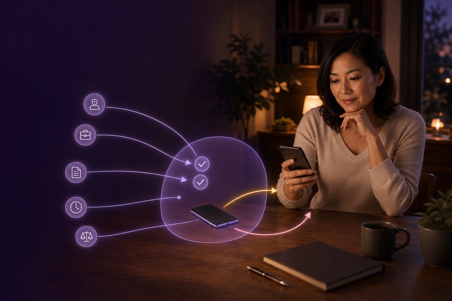 A woman reviewing personal, professional and small-business interactions through Cocoon