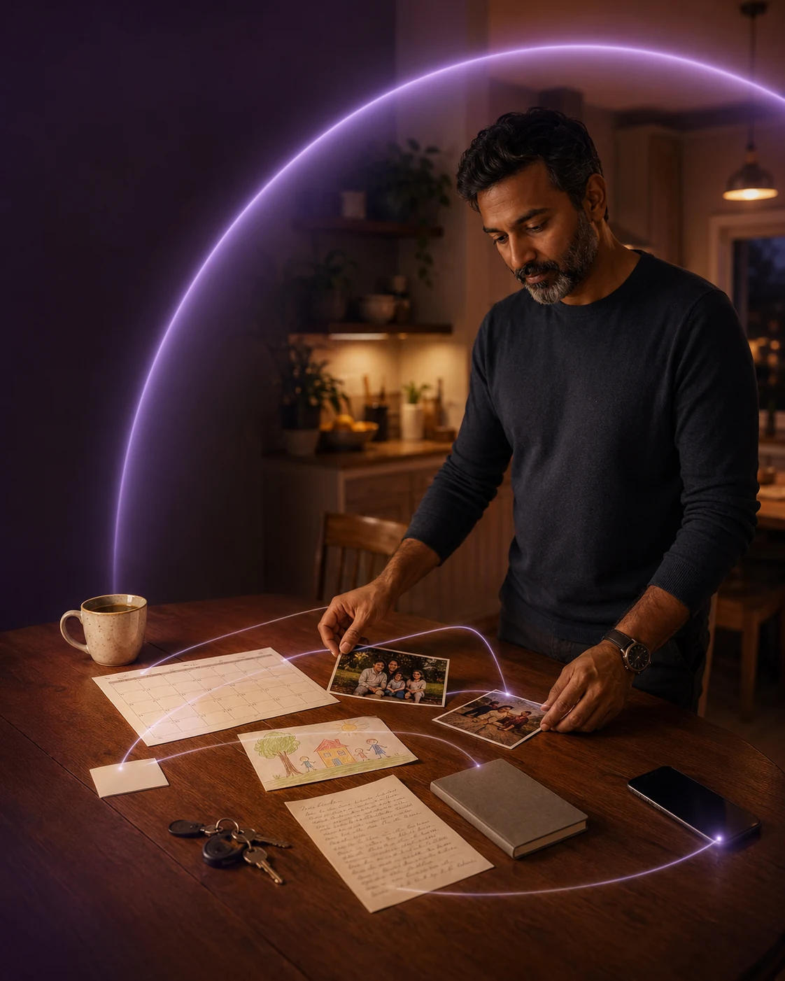 A man arranging family photographs, a calendar and personal notes within a softly glowing Cocoon atmosphere.