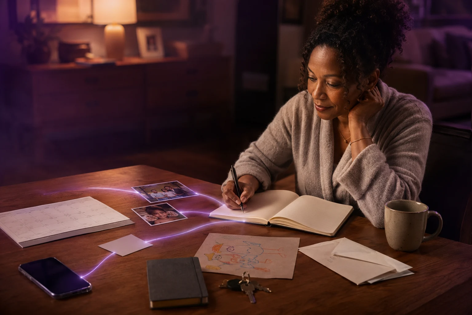 A woman organising family photographs, a calendar and handwritten notes as subtle light paths connect the personal context.