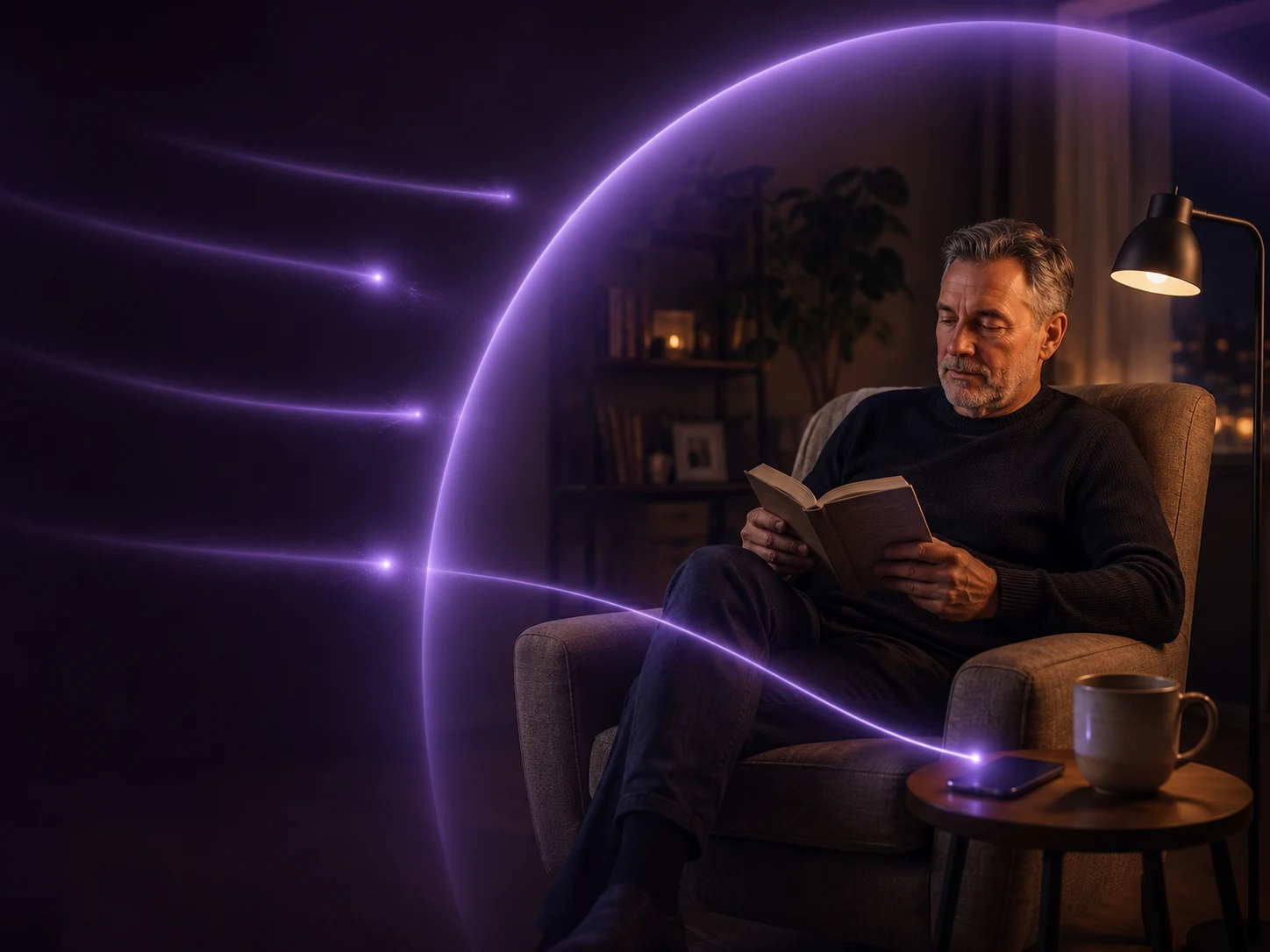A man reading inside a selective Cocoon boundary while routine interruption signals are filtered outside.