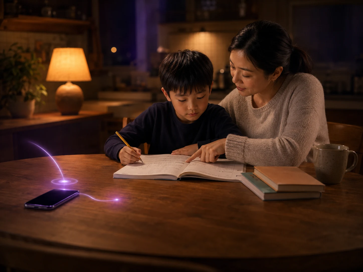 A mother helping her son with homework while a nearby phone call is handled quietly by Cocoon.