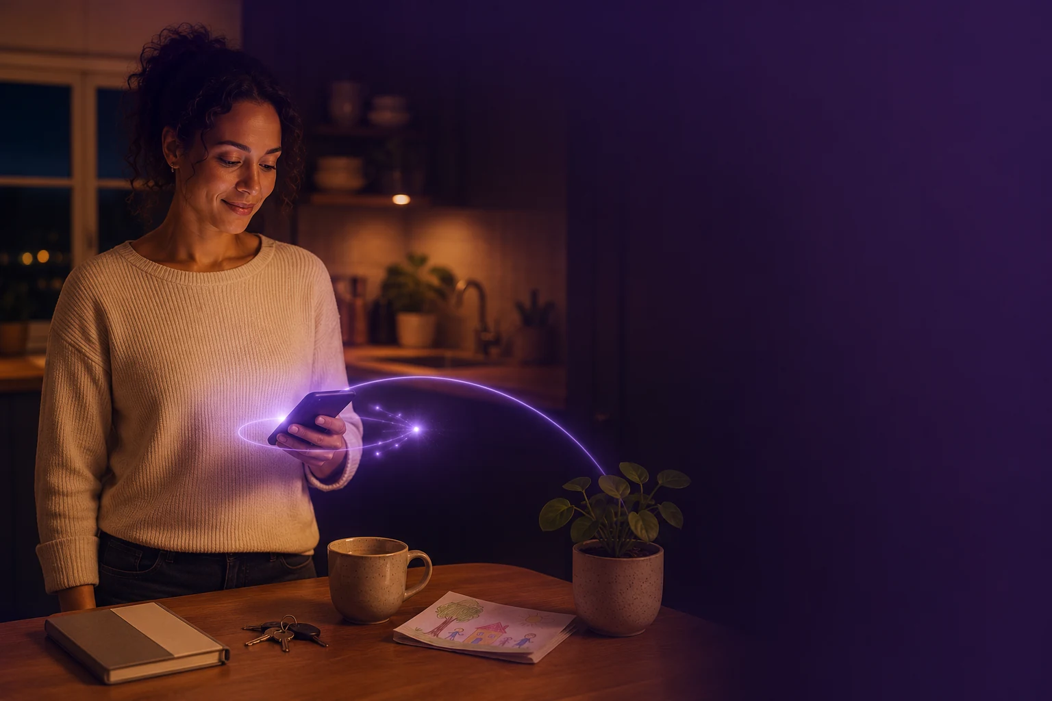 A woman calmly reviewing a resolved outcome on her phone after Cocoon has handled the interruption.