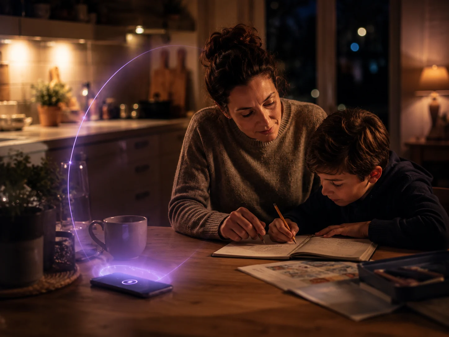 A parent helping a child with homework while Cocoon quietly handles a call on a nearby phone