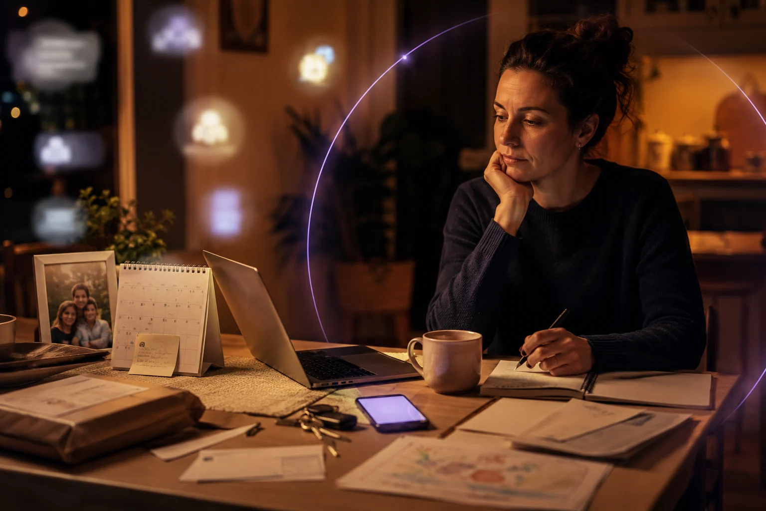 A woman managing everyday life admin at a kitchen table while multiple small interruptions compete for her attention