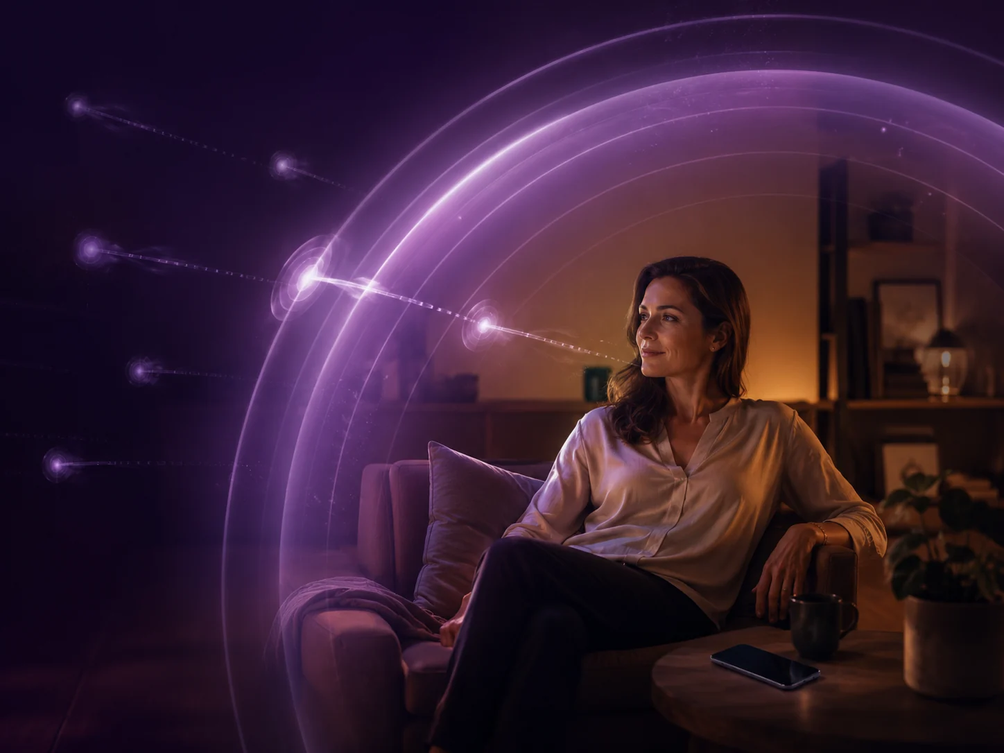 A woman sitting calmly inside a soft Cocoon boundary that filters which interruptions can reach her