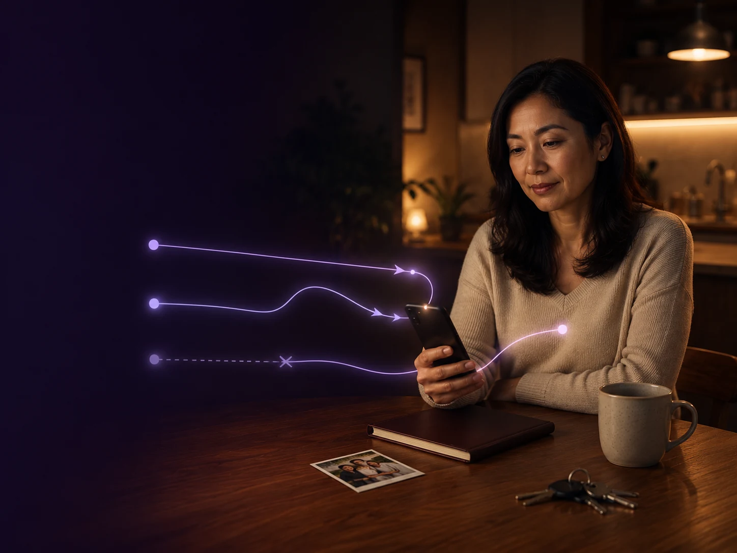 A woman reviewing her phone while permission paths continue, change direction and close, showing that control can be reviewed, changed or withdrawn.