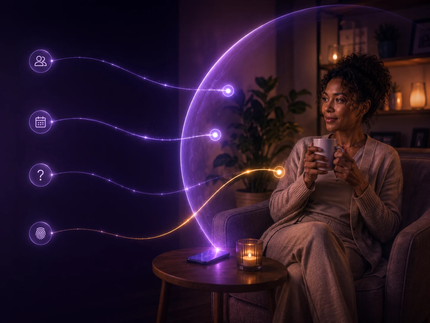 A woman inside a calm Cocoon boundary as approved, blocked and escalated information paths approach.