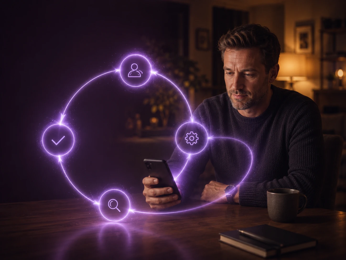 A closed accountability loop connecting permission, action, outcome and review back to the user